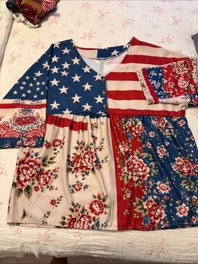Patchwork Americana Floral Tunic - Red, White & Blue